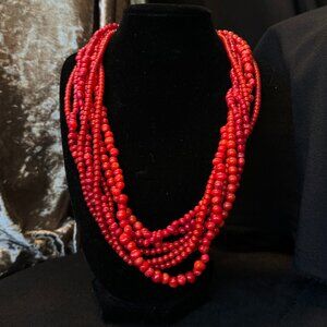 Bright Red Multistrand Beaded Necklace Gold Tone Chain Twist Texture Adjustable